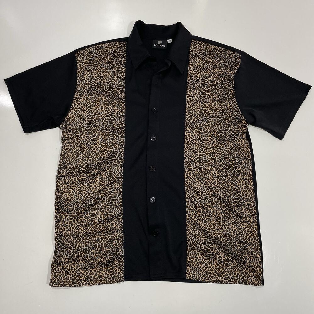 VTG POSITANO Black Leopard Panel Button Shirt Men’s M Club Rave Disco Lounge